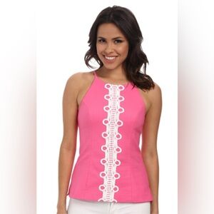 Lilly Pulitzer Annabelle Halter Top Womens Size 2 Hot Pink White Embroidered